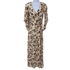 Stevie Sister Floral Surplice V Neck Maxi Dress Sz XS Ivory Burgundy Retro Boho